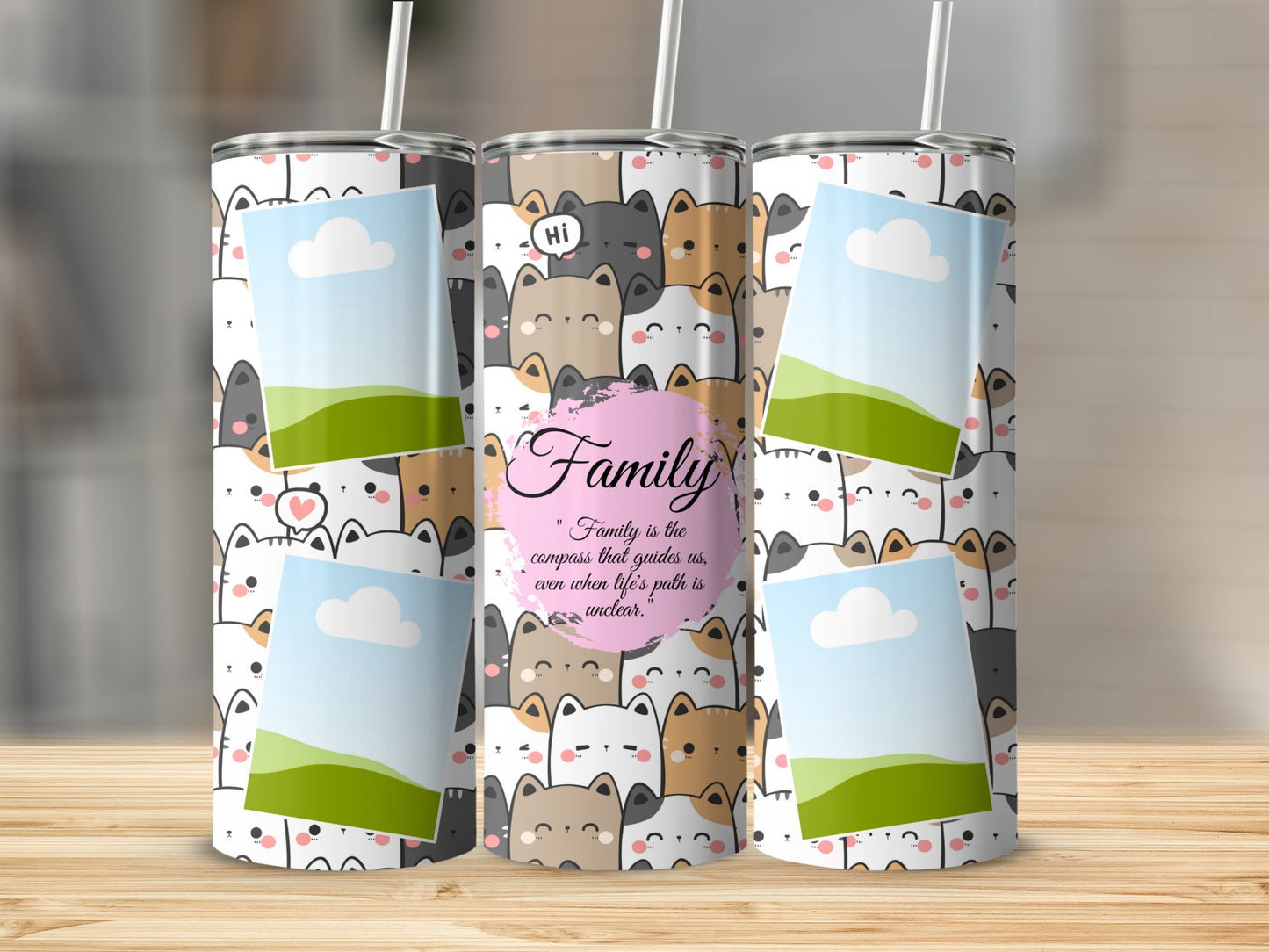 Tumbler with cute cat pattern, photo frames, and "Family" quote.