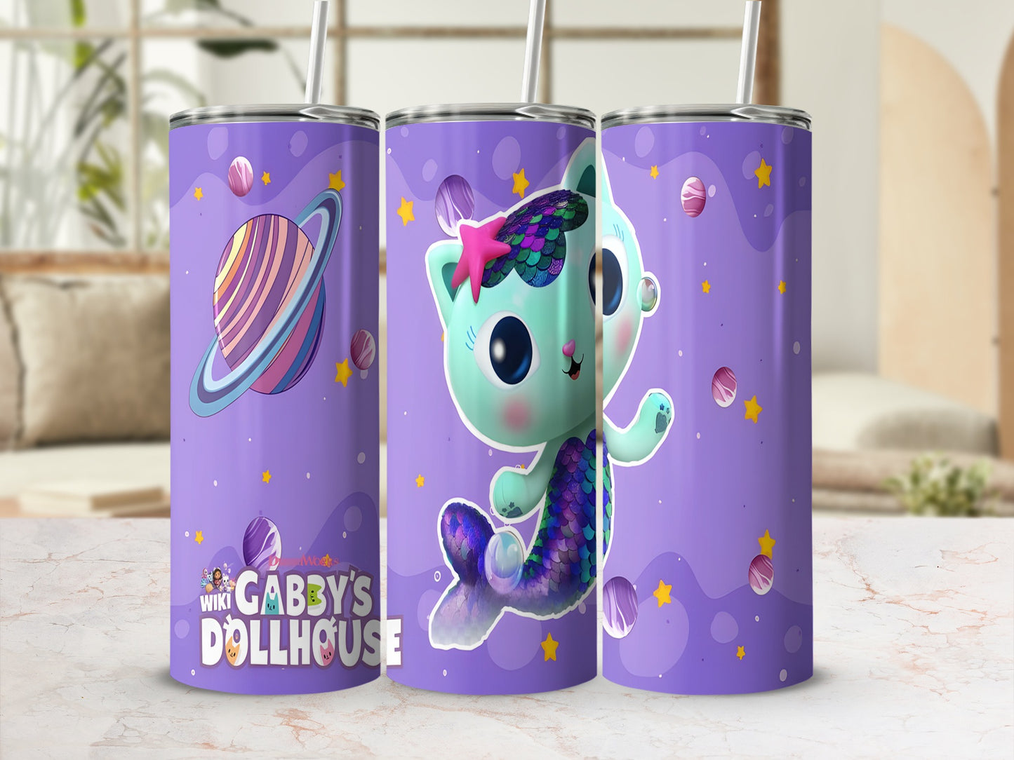 Gabby's Dollhouse cat character on a purple tumbler with planets and stars.