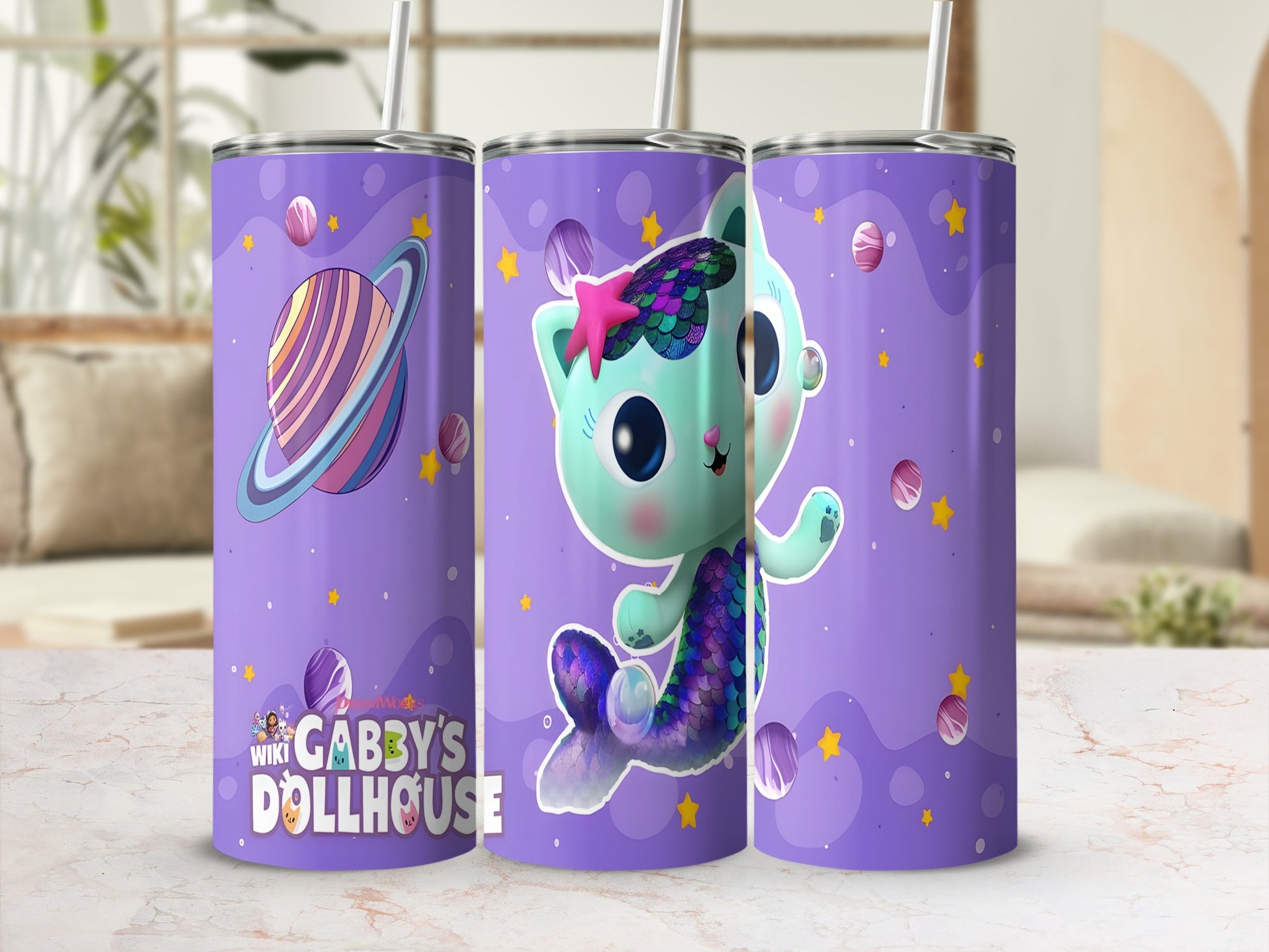 Gabby's Dollhouse cat character on a purple tumbler with planets and stars.