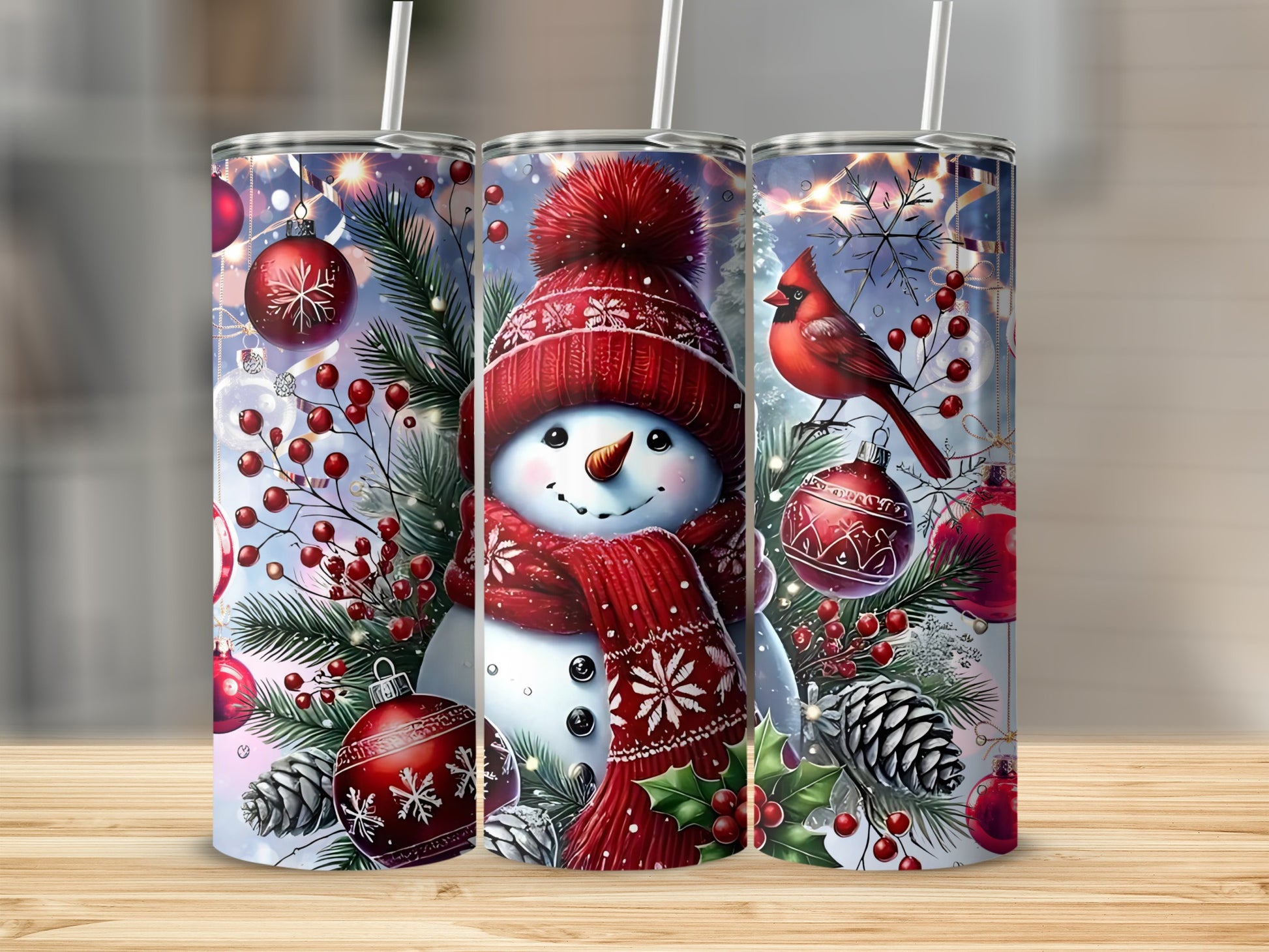 Festive Snowman and Cardinal Holiday Tumbler