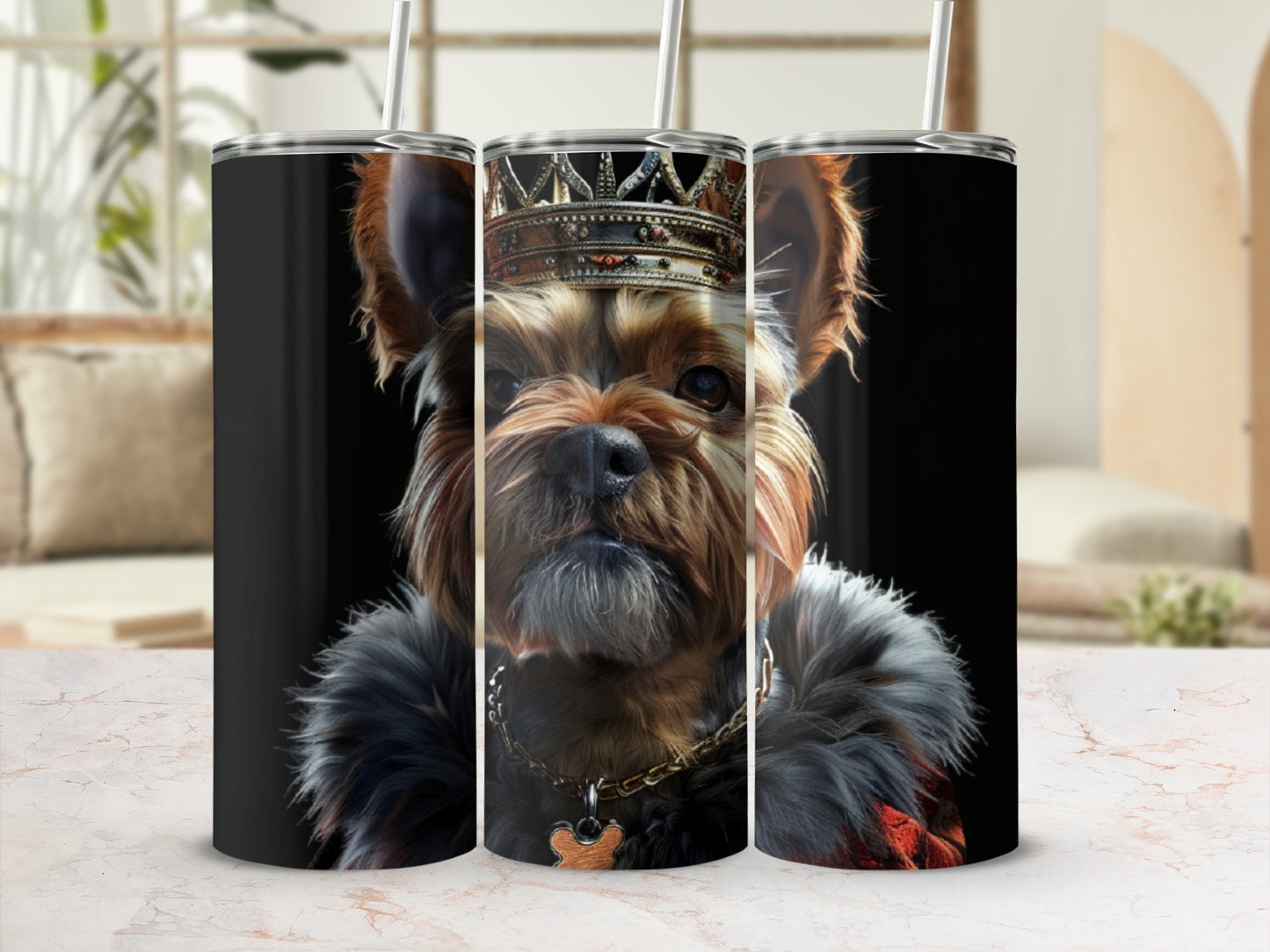 Yorkshire Terrier wearing a crown and fur collar, on a tumbler.