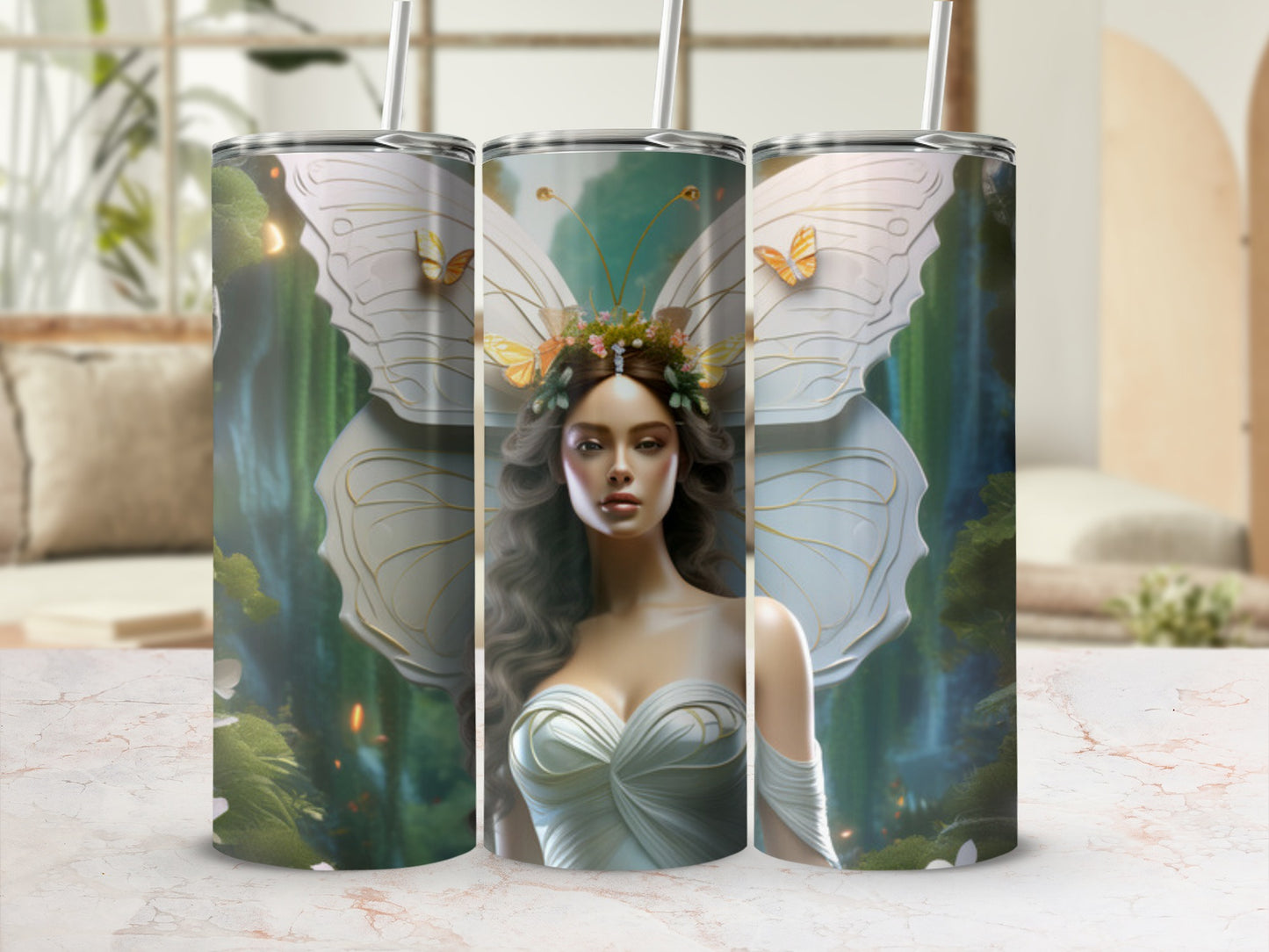 Fairy woman with butterfly wings and floral crown in mystical forest setting.
