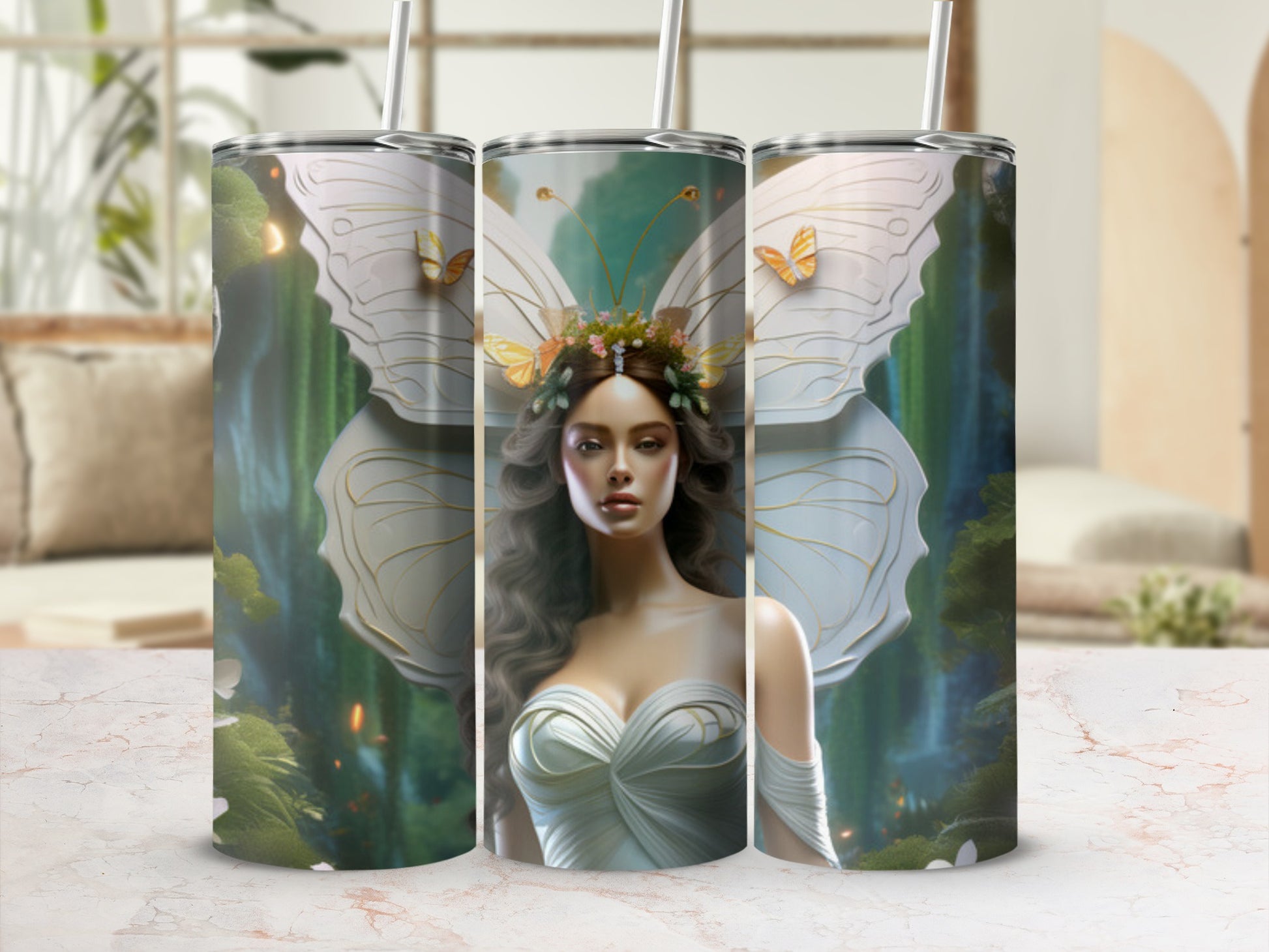 Fairy woman with butterfly wings and floral crown in mystical forest setting.