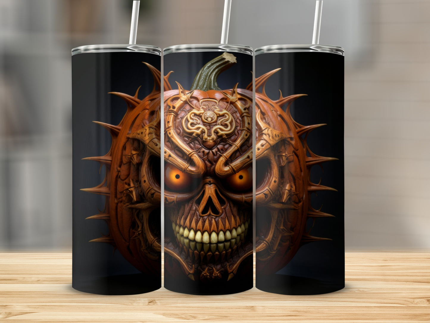Three tumblers featuring a gothic skull carved pumpkin with glowing eyes and spikes.