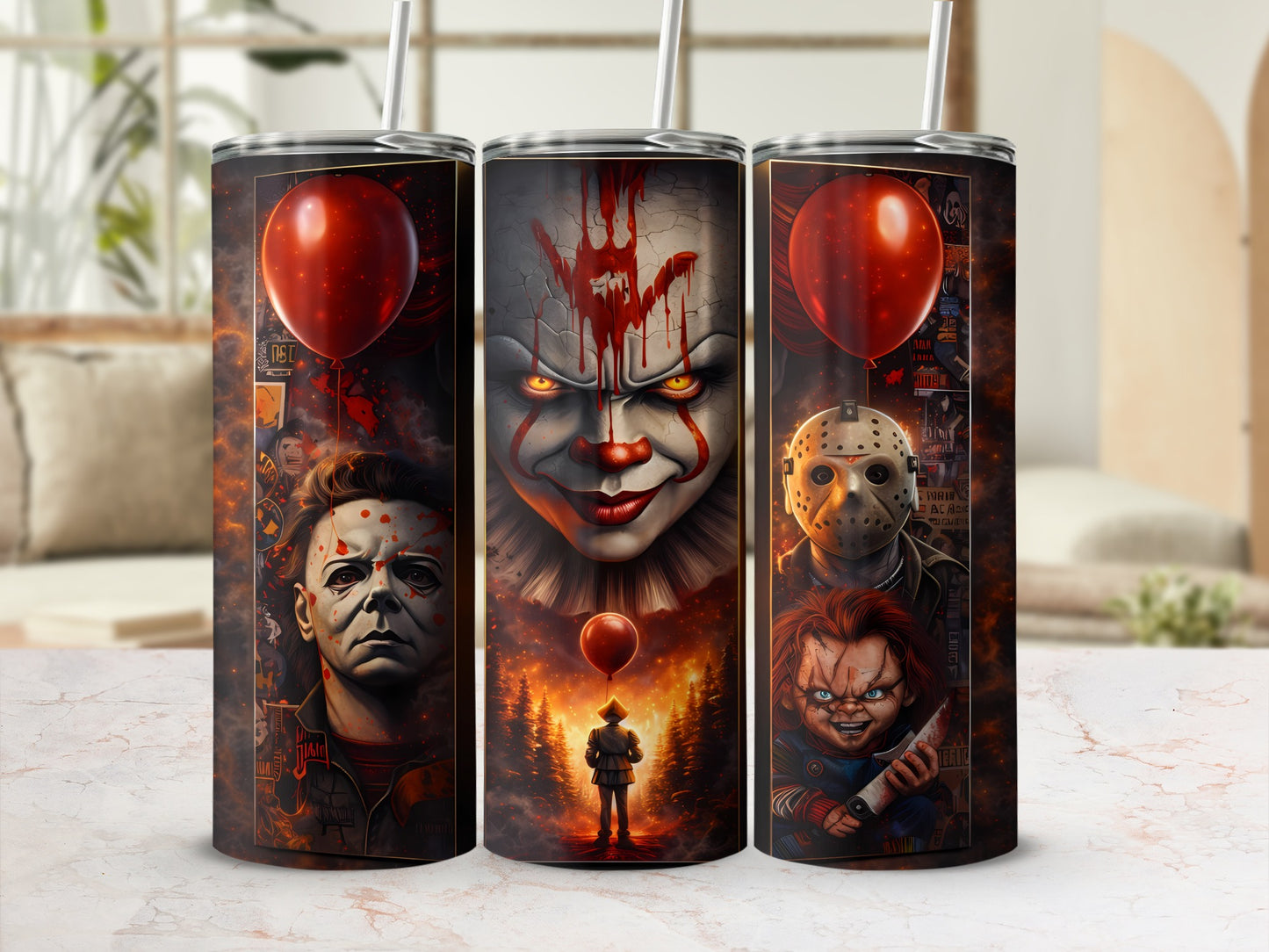 Tumbler with Michael Myers, Pennywise, Jason Voorhees, and Chucky horror movie characters.