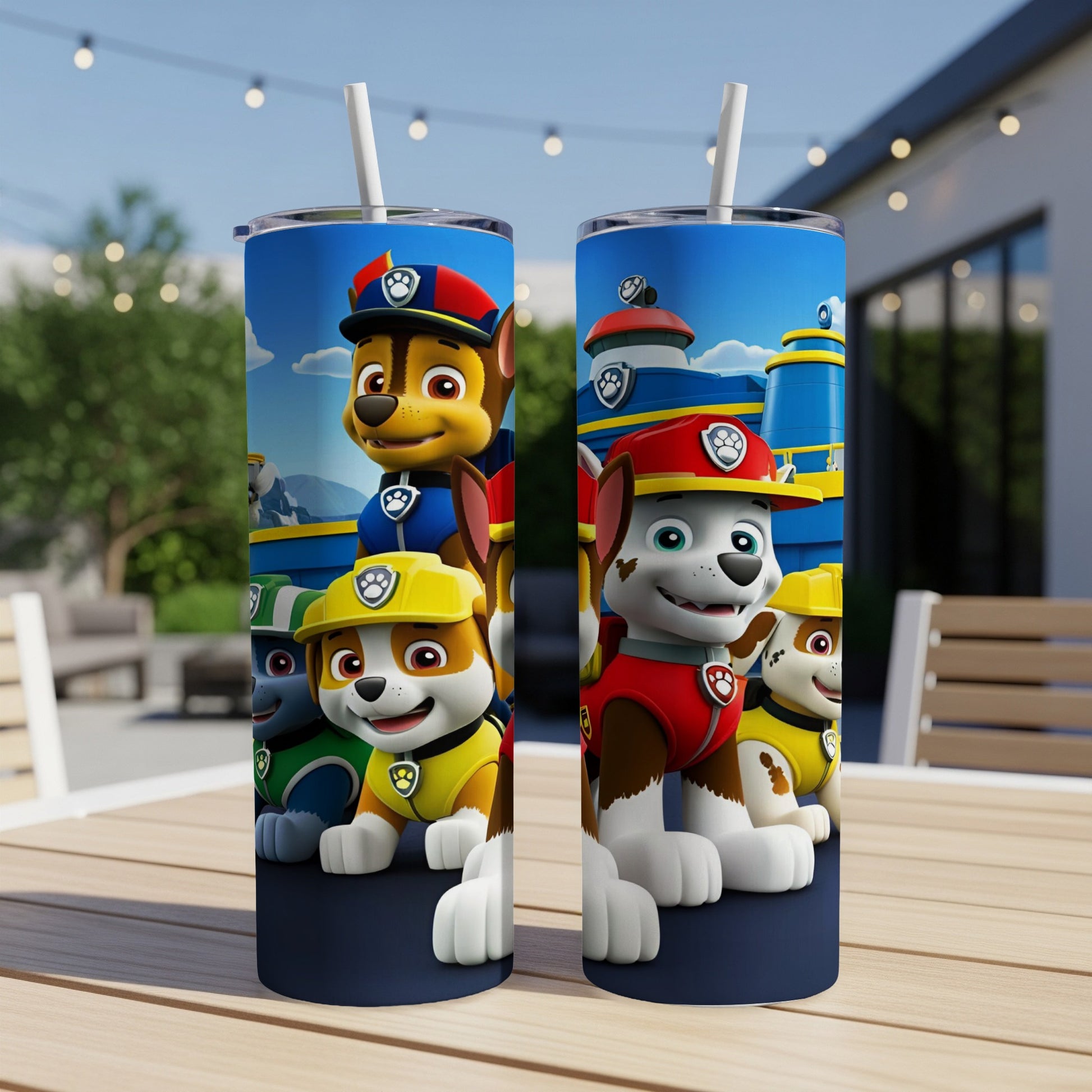 Paw Patrol characters Chase, Marshall, and Rubble on a blue and yellow tumbler.