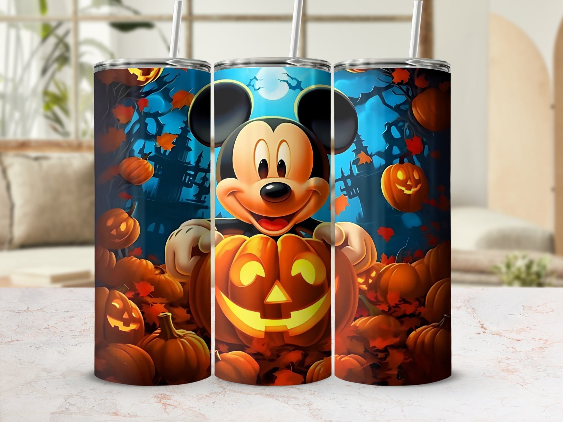 Halloween Themed Tumbler with Pumpkin and Mouse Design