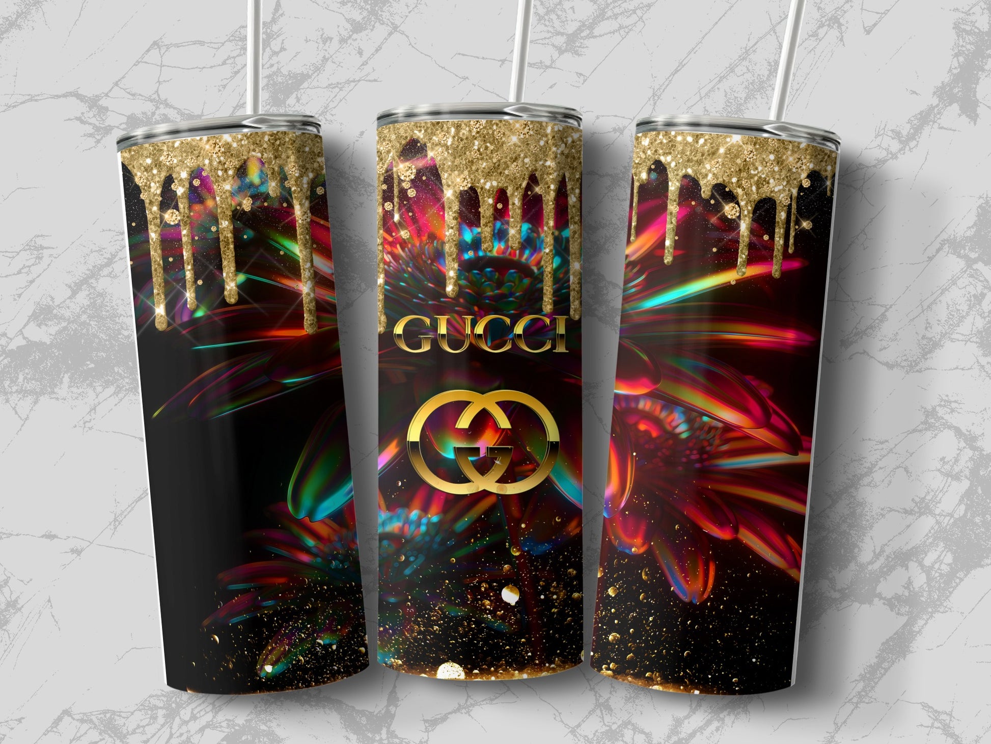 Gucci Inspired Glitter Drip Floral Design Tumbler