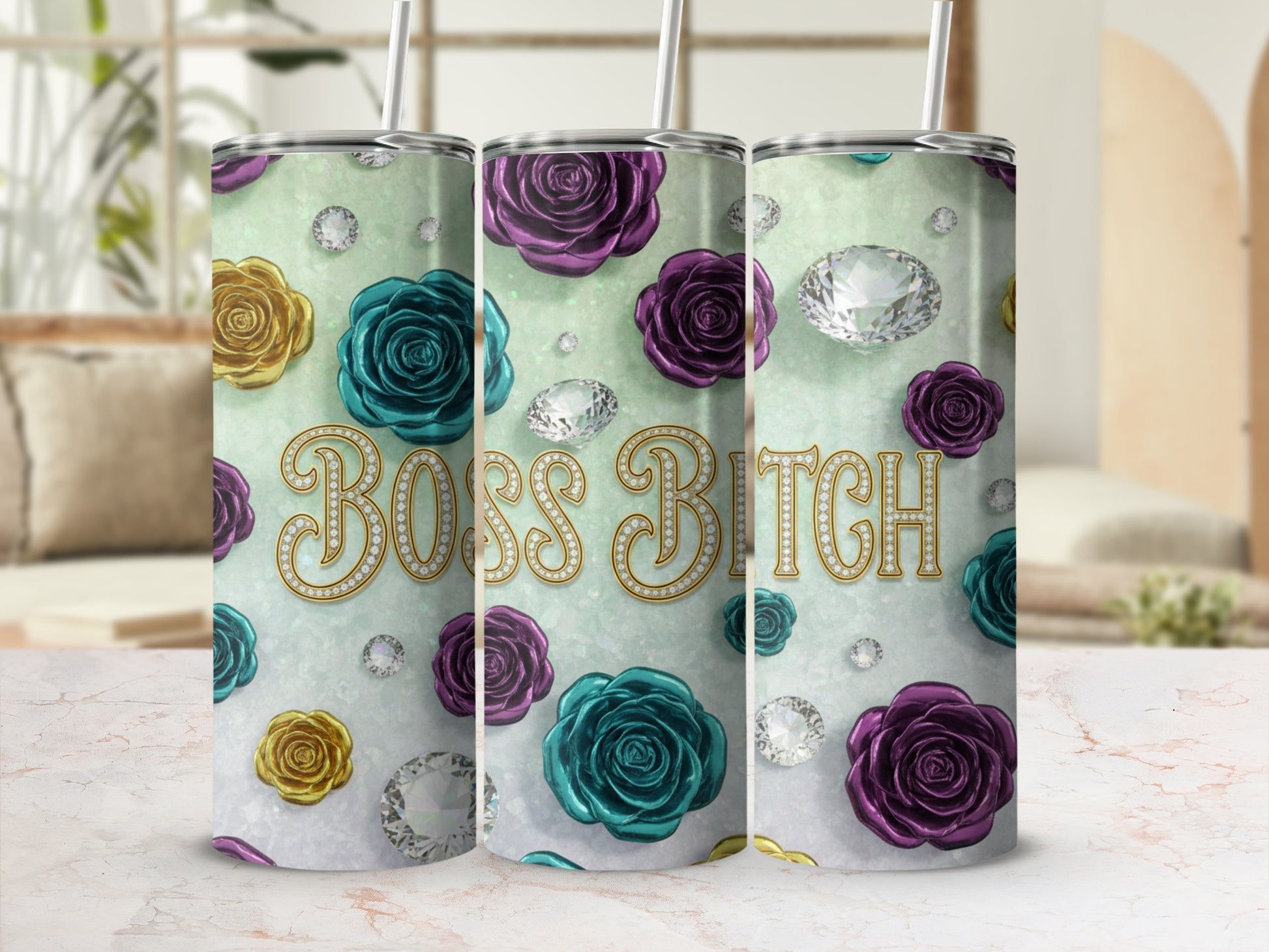 Boss Bitch Floral And Gems Design Insulated Tumbler