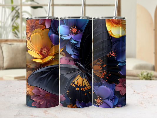 Tumbler with black butterfly and colorful floral pattern.