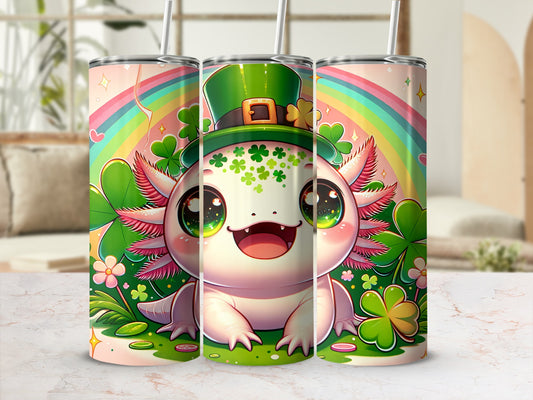 Kawaii axolotl in a leprechaun hat with shamrocks and a rainbow.