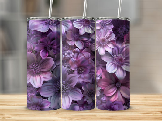 Three tumblers with a purple floral design sit on a wooden surface.