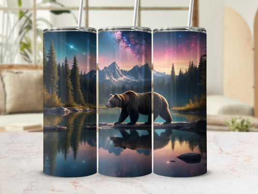Bear walking on log with starry sky and mountain reflection.