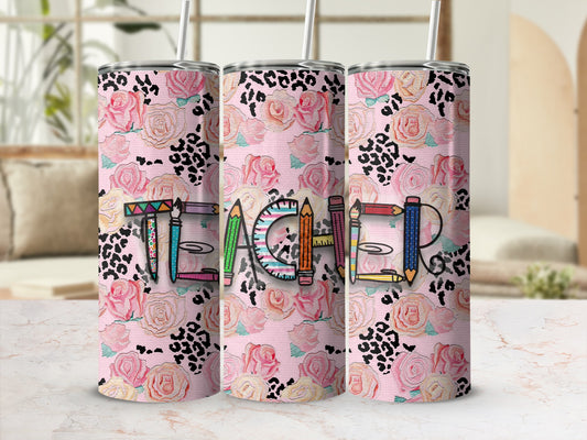 Teacher tumbler with floral, leopard print, and pencil-themed lettering.