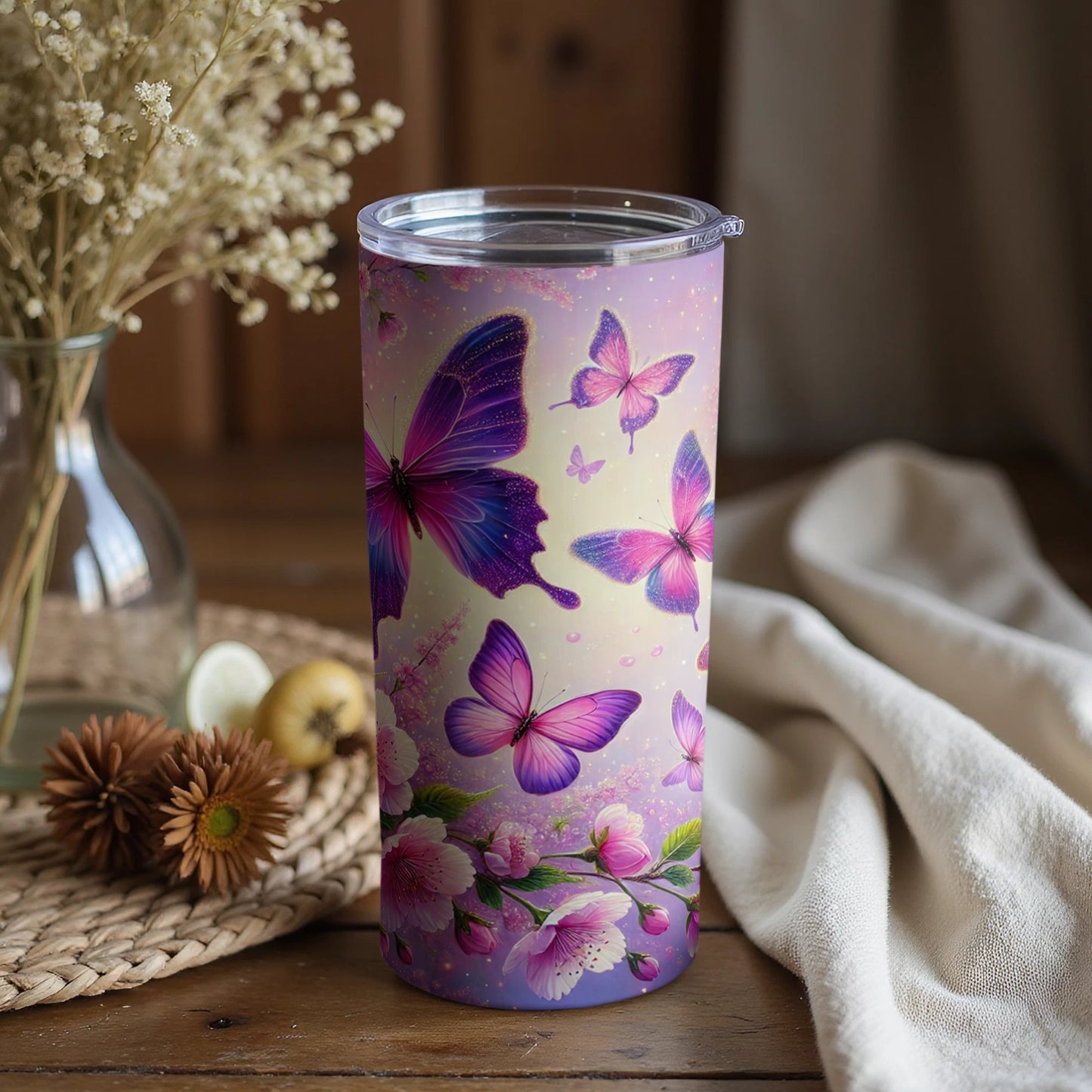 Beautiful Purple Butterfly and Flower Tumbler Cup