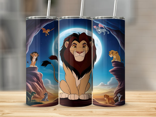 The Lion King characters Simba, Mufasa, and Nala on a tumbler.