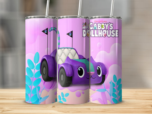 Gabby's Dollhouse purple cat car with cartoon background.