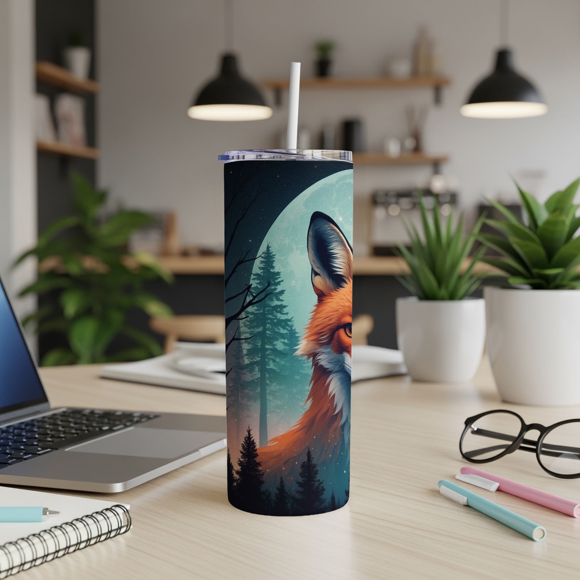 Tall tumbler with fox illustration on starry night sky and forest background.