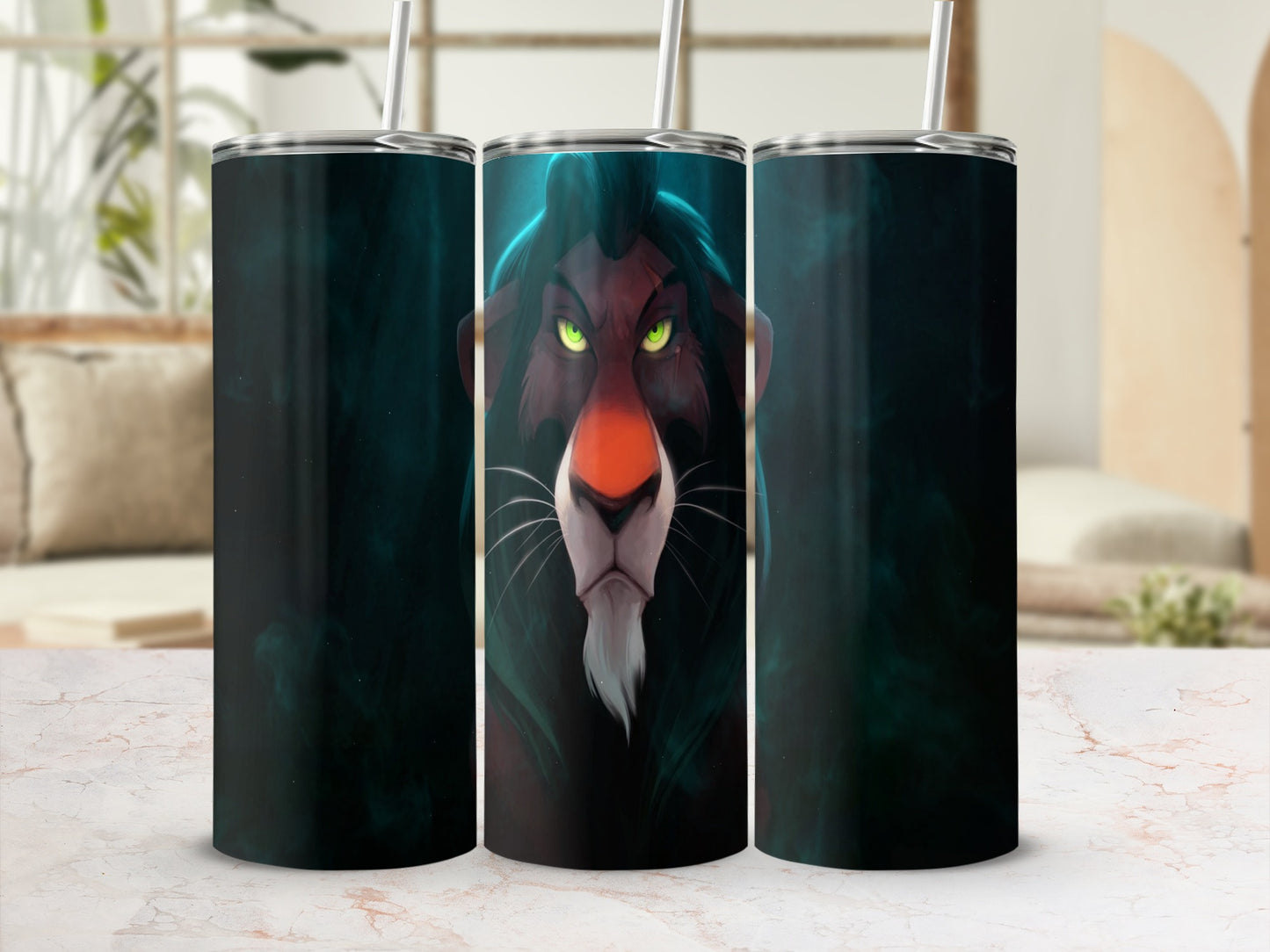 Scar from The Lion King on a dark, smoky tumbler.
