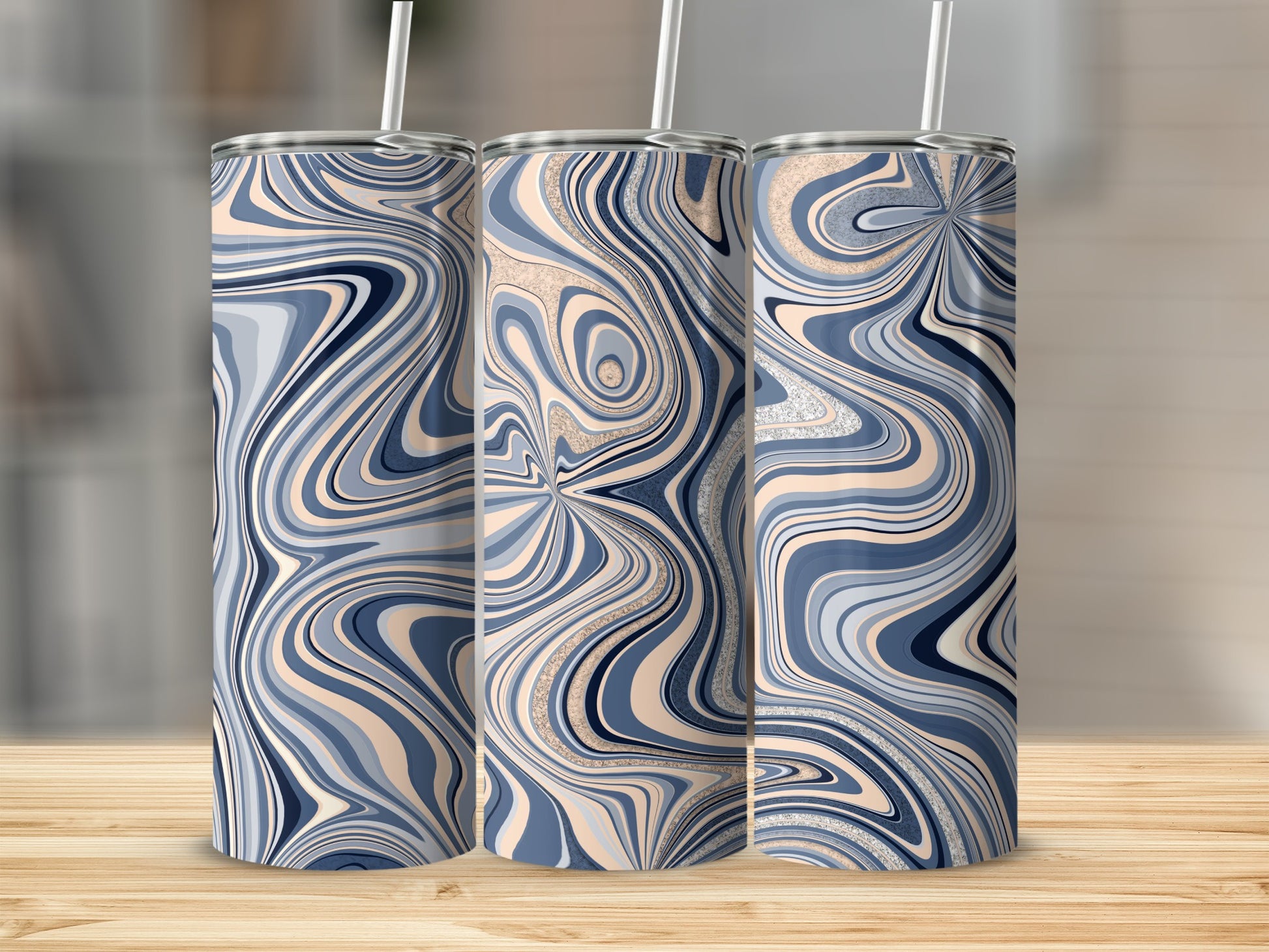 Abstract Blue Swirl Patterned Stainless Steel Tumbler