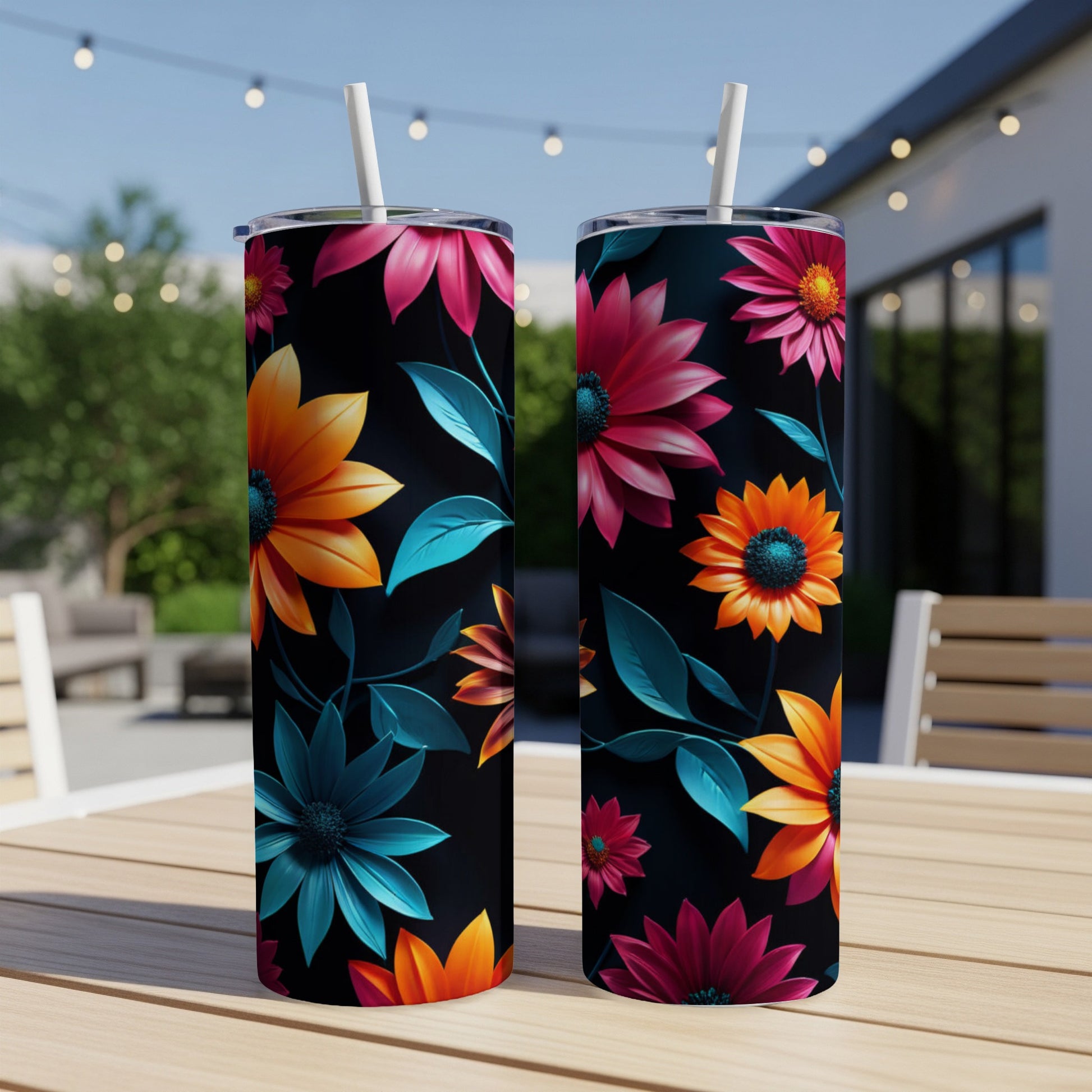 Two black tumblers with vibrant floral designs featuring orange, pink, and teal flowers.