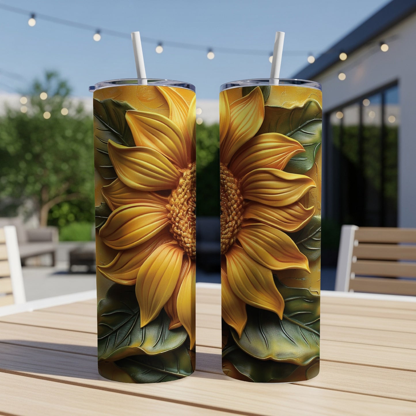 Two tall tumblers with embossed sunflower designs sit on a wooden table.