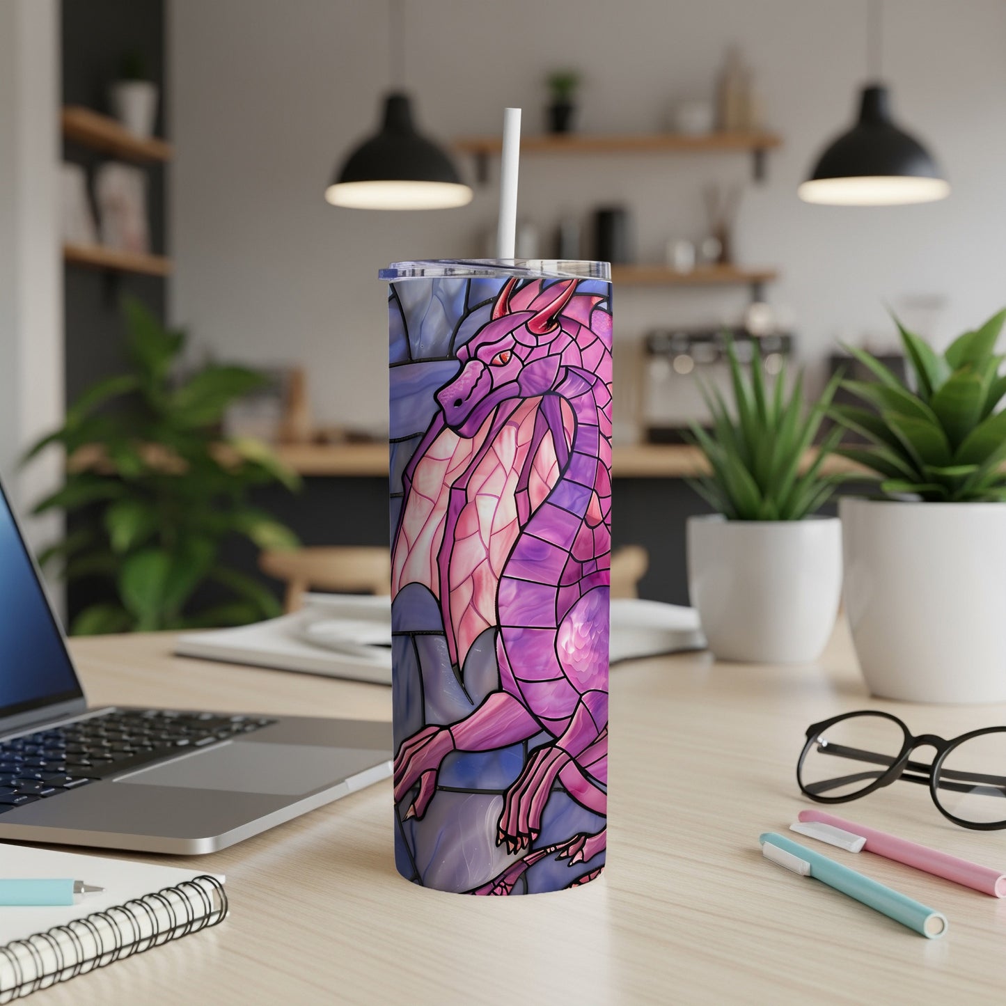 Stained glass dragon design on a white tumbler with straw.