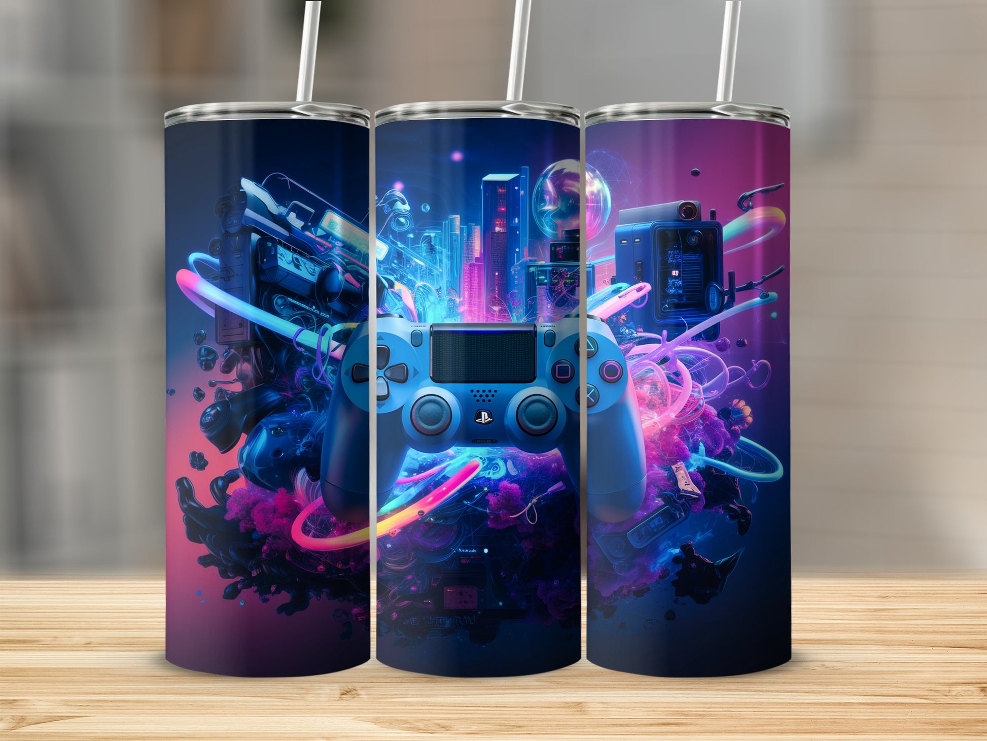 PlayStation controller with neon lights and cityscape on a tumbler.