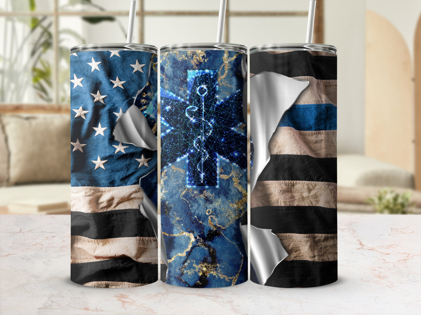 American flag and blue line tumbler designs with medical symbol.