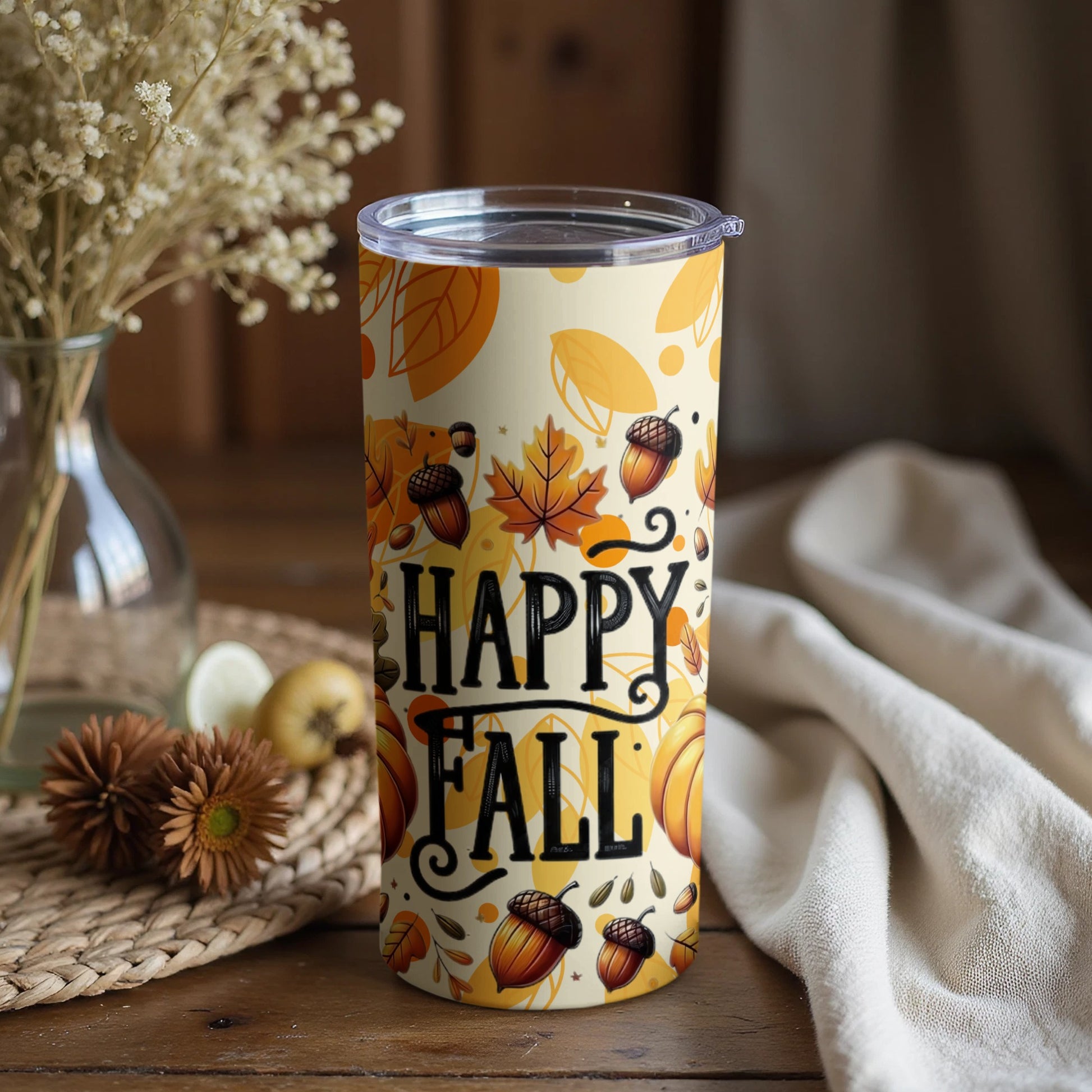 Happy Fall Acorn and Leaf Design Travel Tumbler