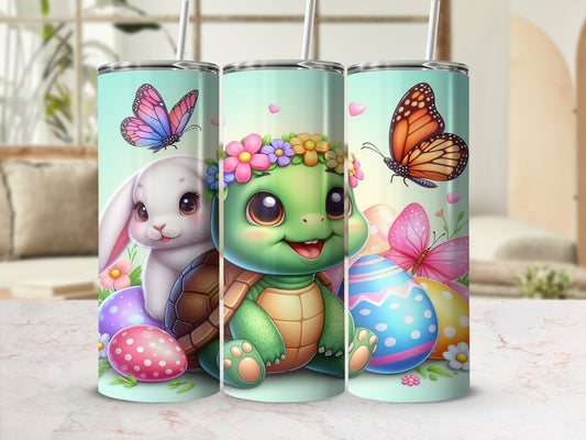 Easter themed tumbler with bunny, turtle, and butterflies.