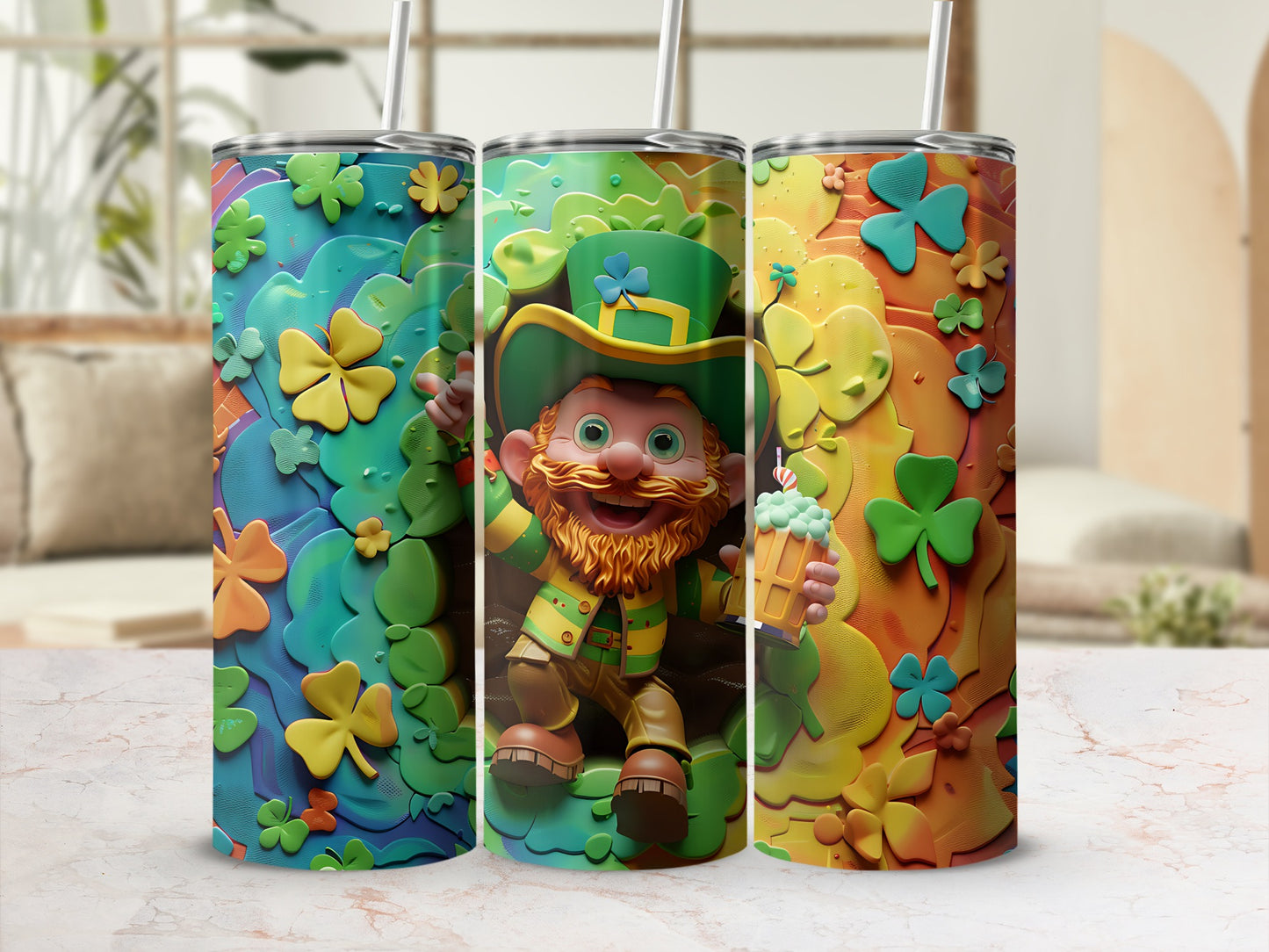 Leprechaun and shamrocks pattern on three tumblers with straws.