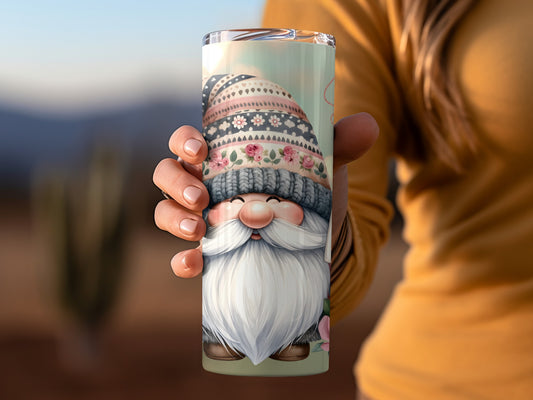 Cute Gnome Tumbler with Knitted Hat and Flowers