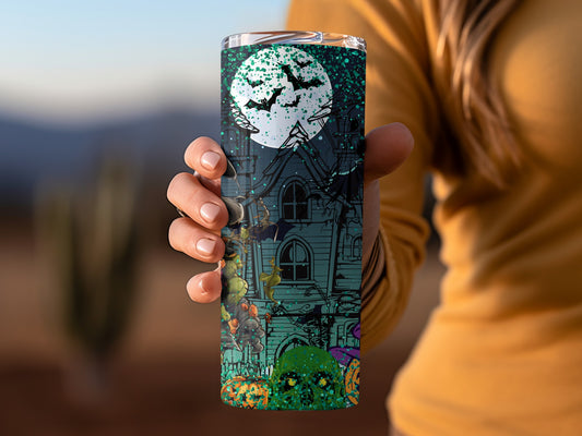 Spooky Haunted House and Moon Design Tumbler