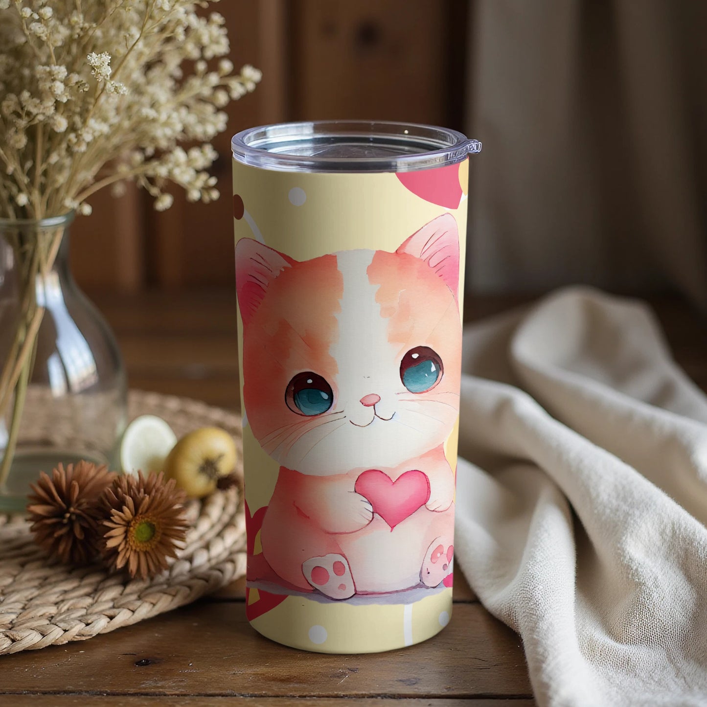Cute Kawaii Cat with Heart Insulated Tumbler