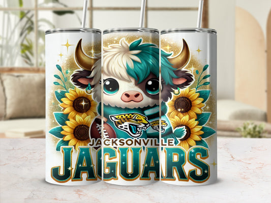 Jacksonville Jaguars tumbler with a cartoon bull and sunflowers.