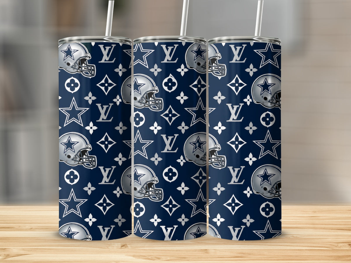 Dallas Cowboys helmets and logos on a dark blue patterned background.