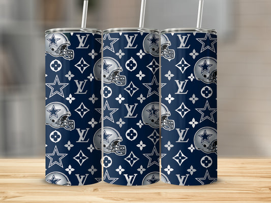 Dallas Cowboys helmets and logos on a dark blue patterned background.