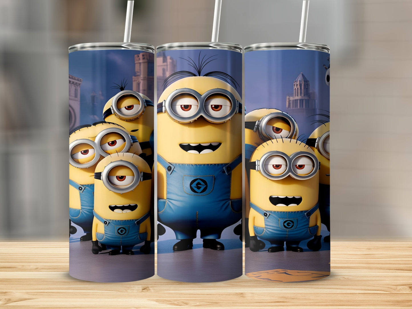 Minions in blue overalls standing together, with buildings in the background.