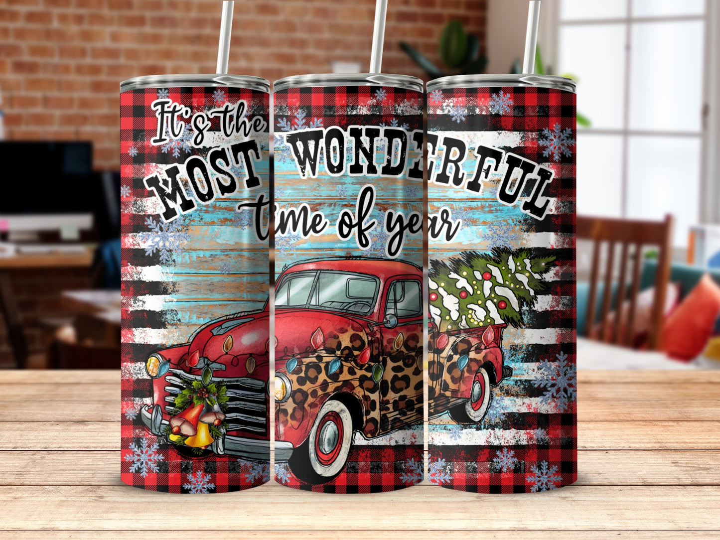 Red vintage truck with Christmas tree on buffalo plaid background.