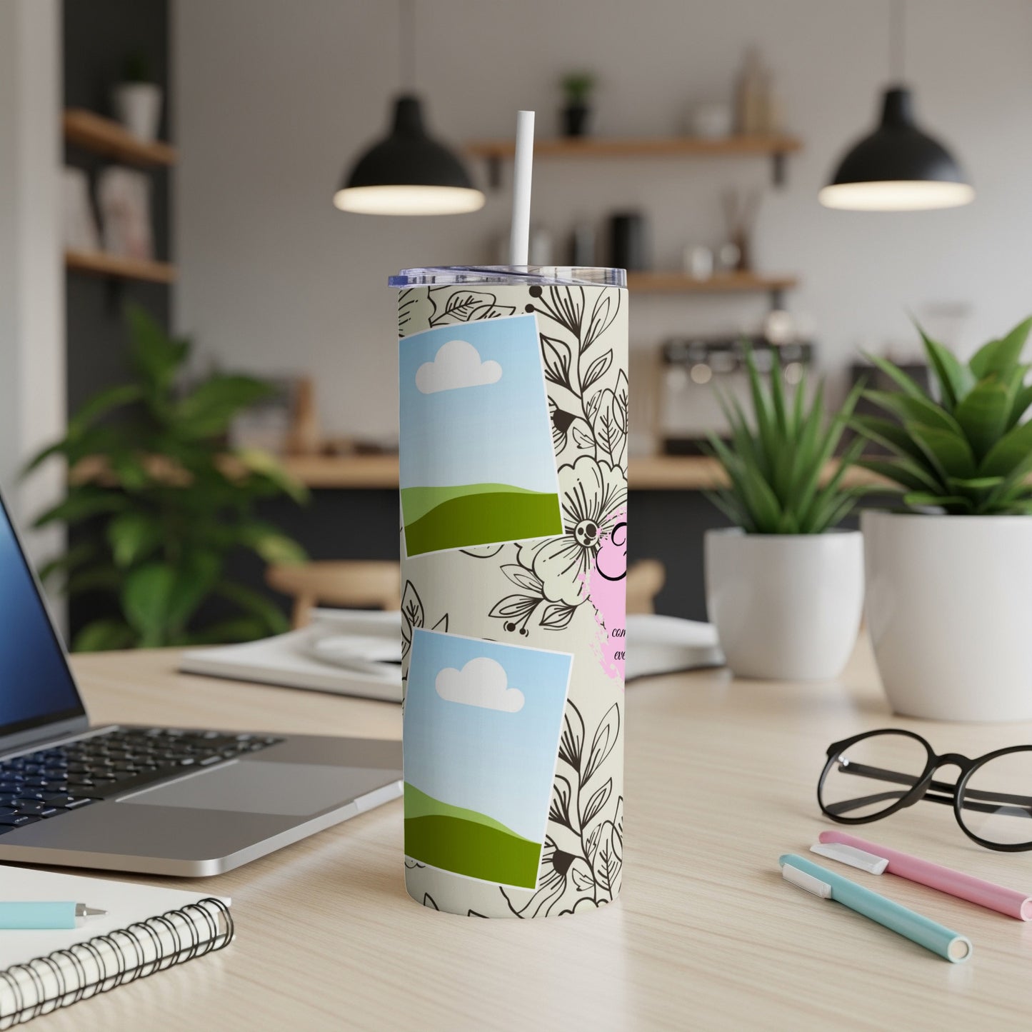 Tumbler with floral pattern, two photo placeholders, and a straw.