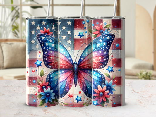 Tumbler with patriotic butterfly and floral design, stars, and subtle background.