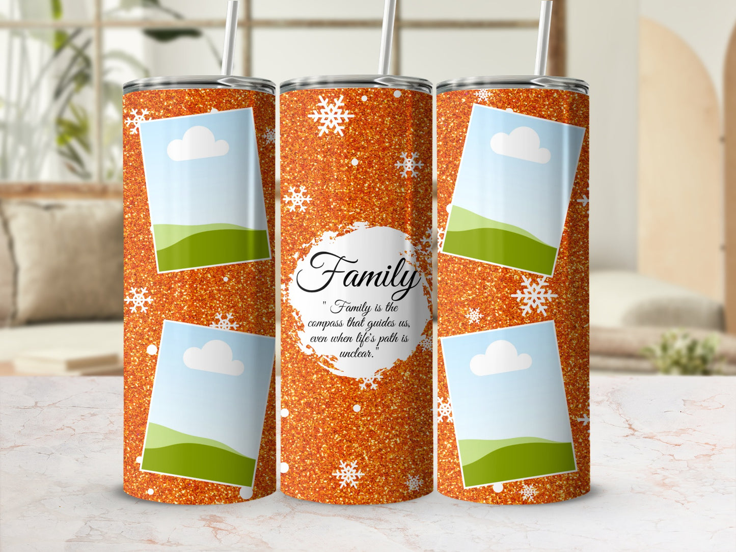 Orange glitter tumblers with snowflake design and blank photo frames.