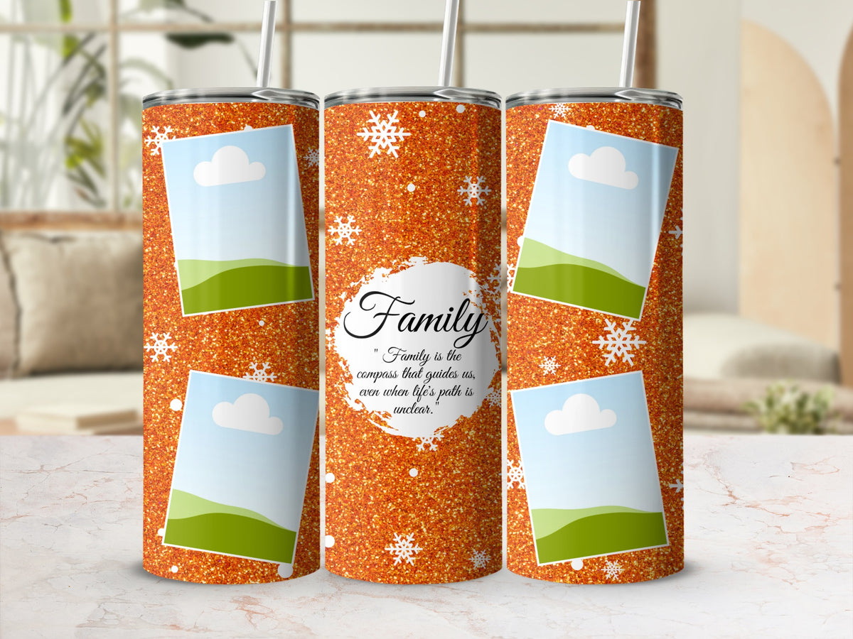 Orange glitter tumblers with snowflake design and blank photo frames.