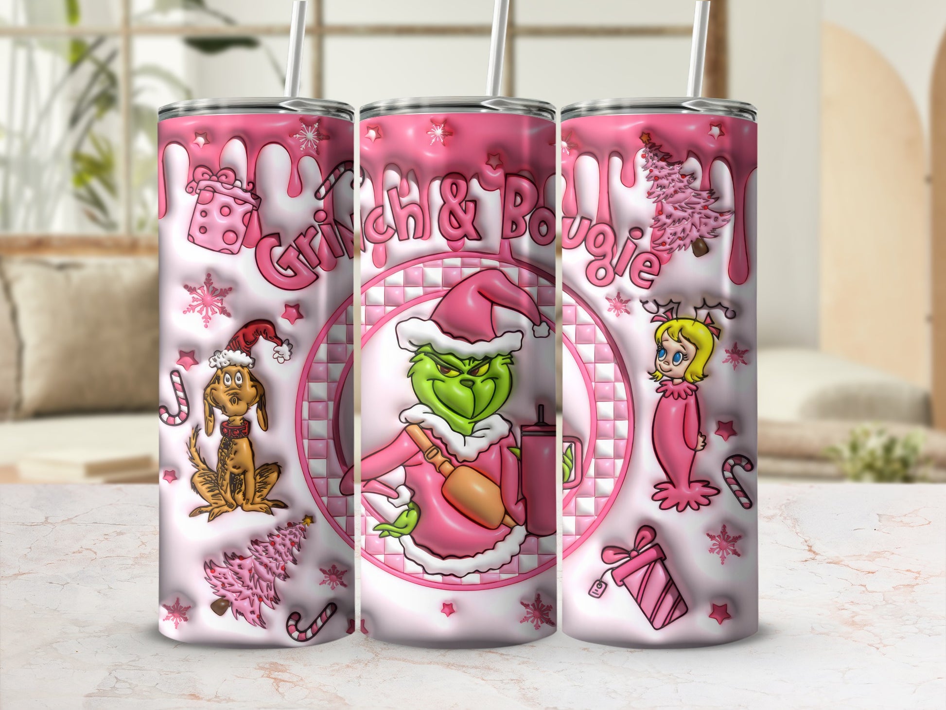 Grinch Santa and Bougie Characters Pink Tumbler