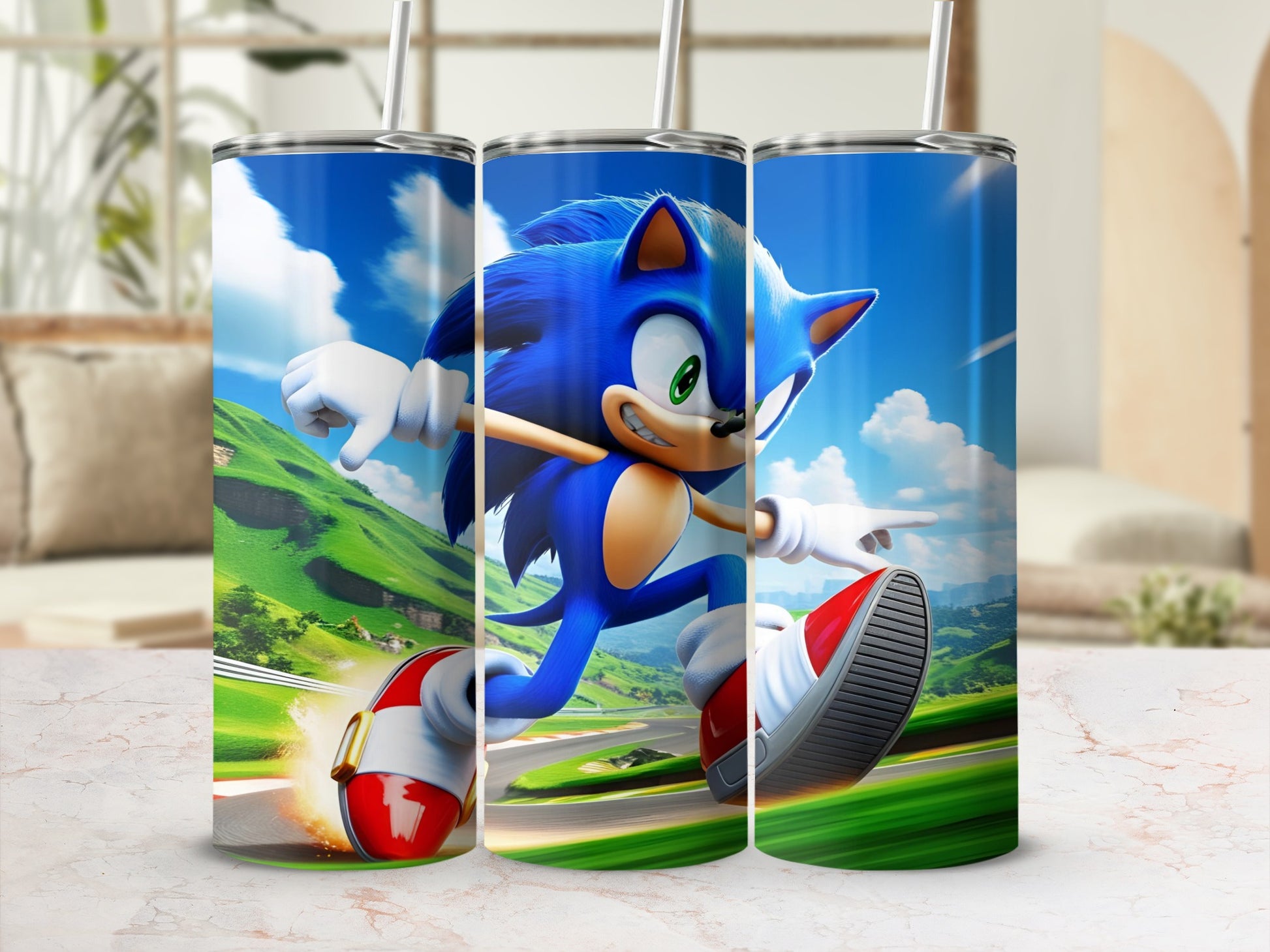 Sonic the Hedgehog running on a racetrack with green hills and blue sky.