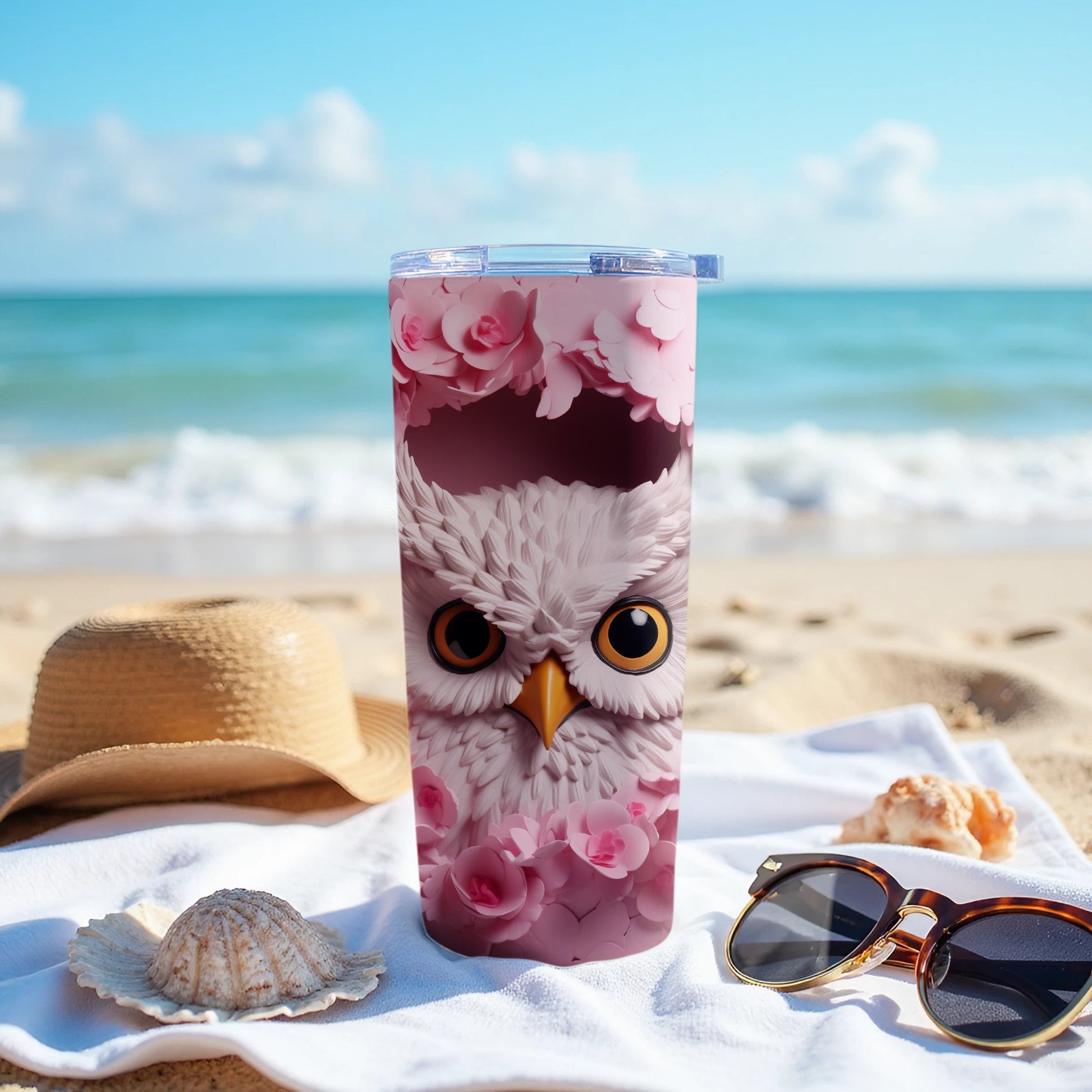 Floral Owl Tumbler Pink Petals Ocean Beach product type
Tumbler, Owl, Pink flowers, Floral design, Cute owl, Beach day, Ocean view, Summer vibes, Vacation drinkware, Insulated cup, Travel mug, Animal art, Bird design, Drinkware, Gift idea, Nature themed, Aesthetic cup, Unique tumbler, Reusable container, White owl art