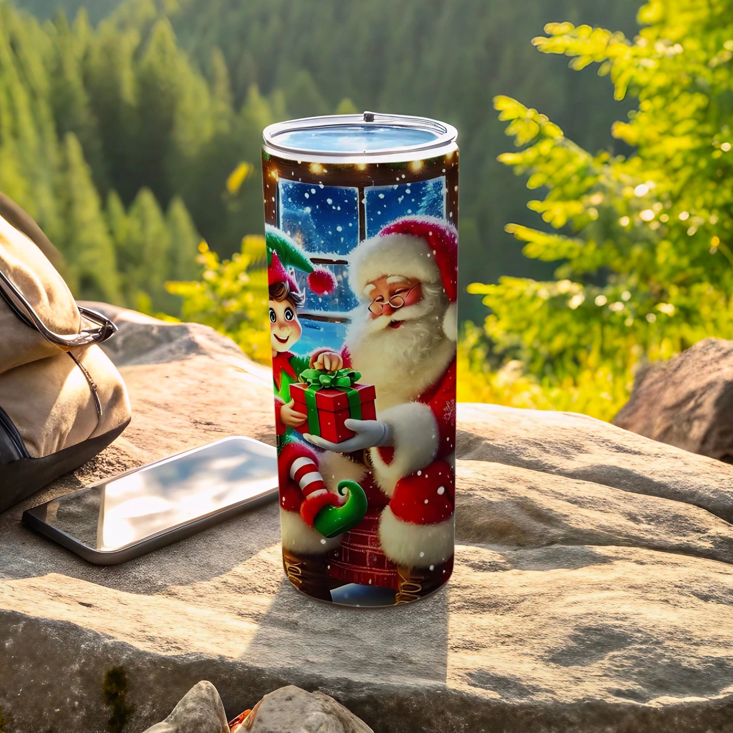 Festive Santa and Elf Christmas Gift Giving Tumbler