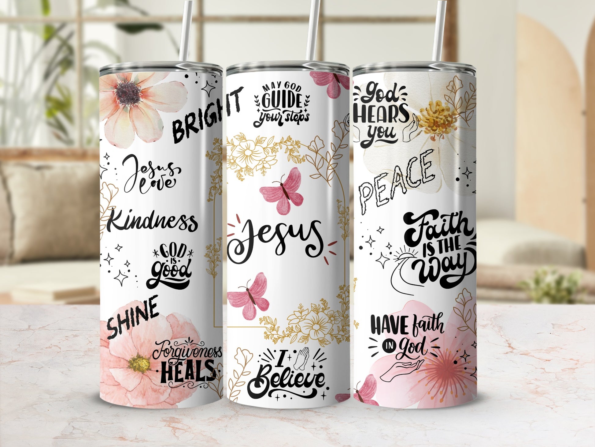 Inspirational Faith Quotes Tumblers with Floral Designs