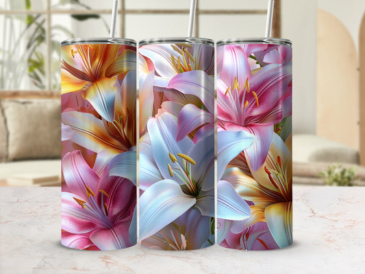 Three tall tumblers with a pink, white, and yellow lily floral design.